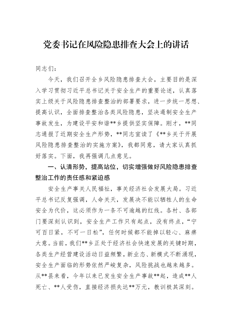 党委书记在风险隐患排查大会上的讲话_第1页