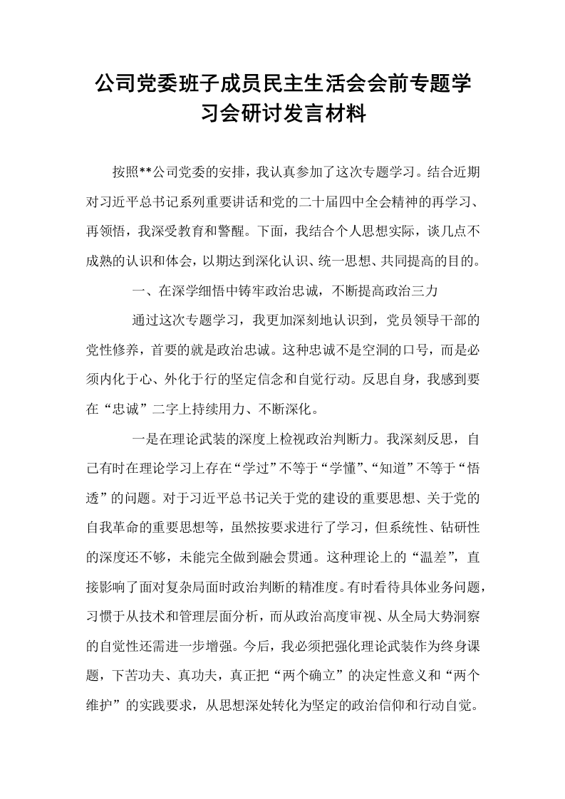 公司党委班子成员民主生活会会前专题学习会研讨发言材料_第1页