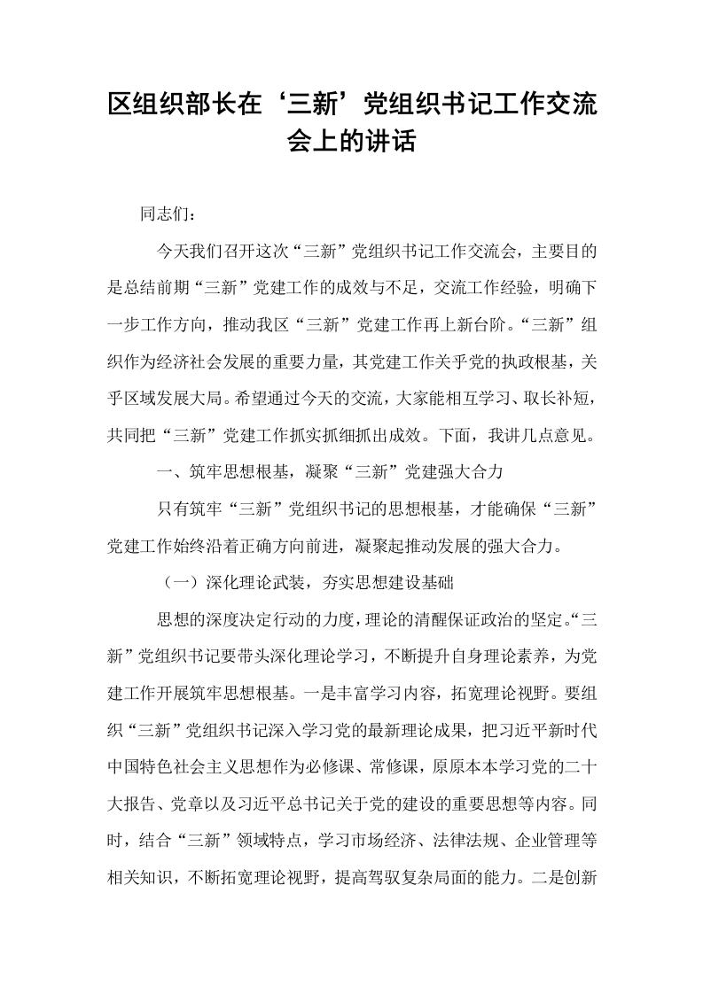 区组织部长在‘三新’党组织书记工作交流会上的讲话_第1页