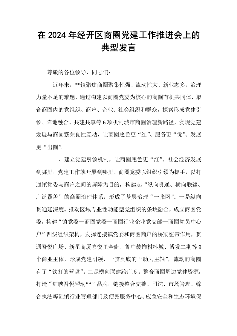 在2024年经开区商圈党建工作推进会上的典型发言_第1页