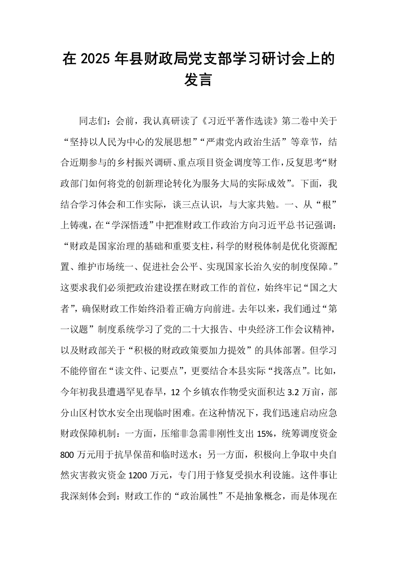 在2025年县财政局党支部学习研讨会上的发言_第1页