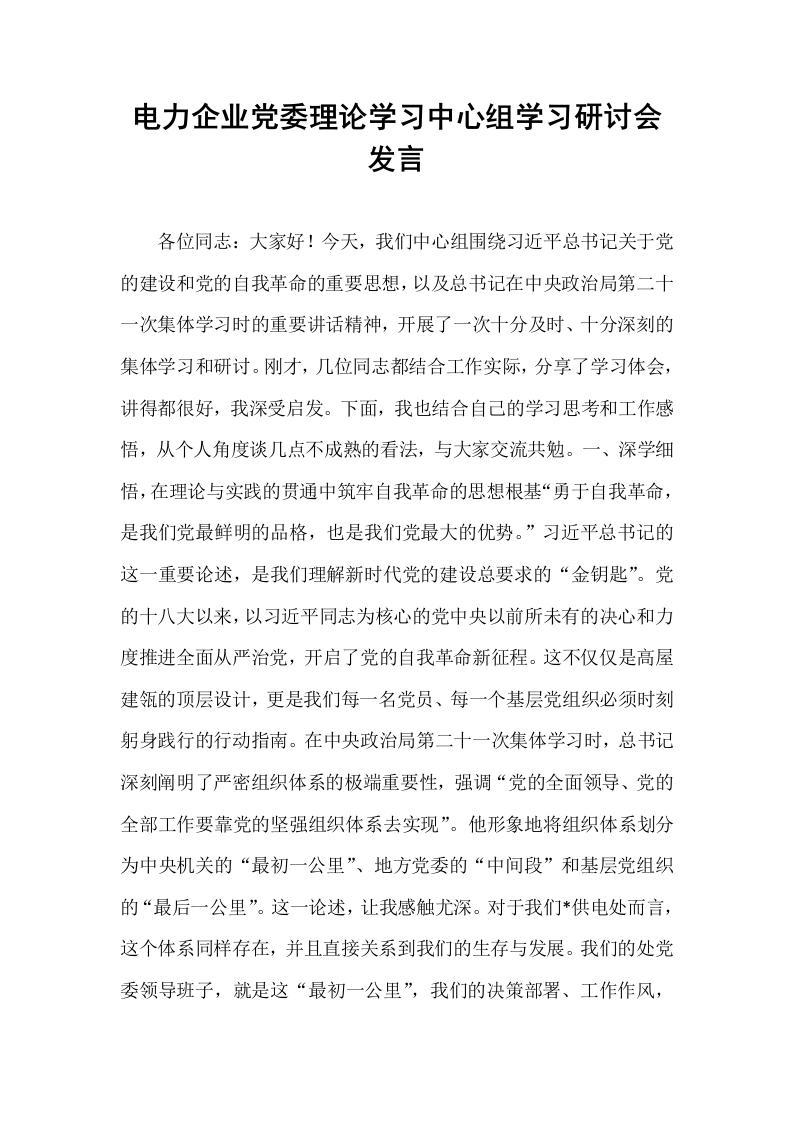 电力企业党委理论学习中心组学习研讨会发言_第1页