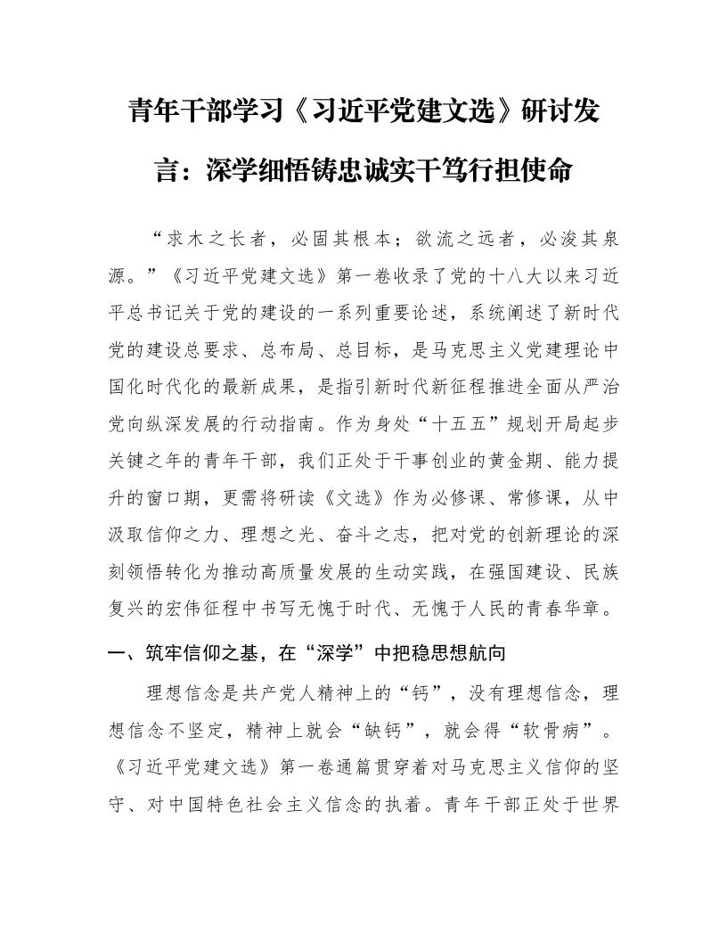 青年干部学习《习近平党建文选》研讨发言：深学细悟铸忠诚 实干笃行担使命_第1页