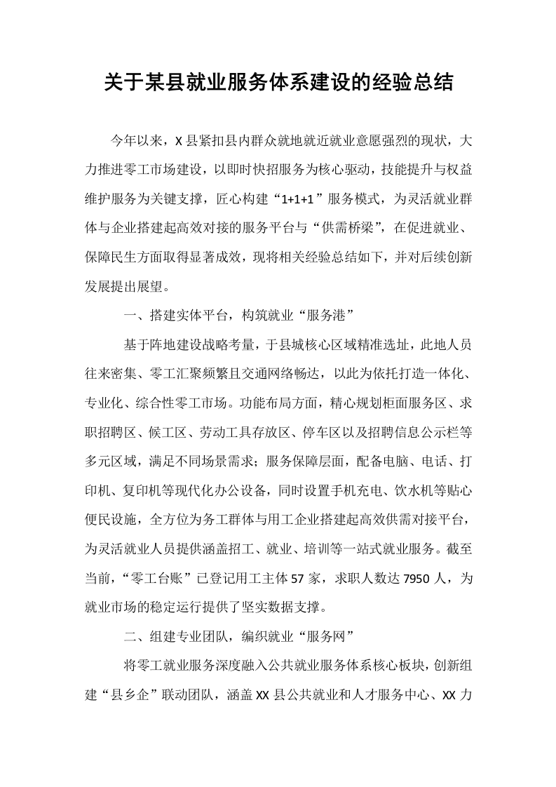 关于某县就业服务体系建设的经验总结._第1页