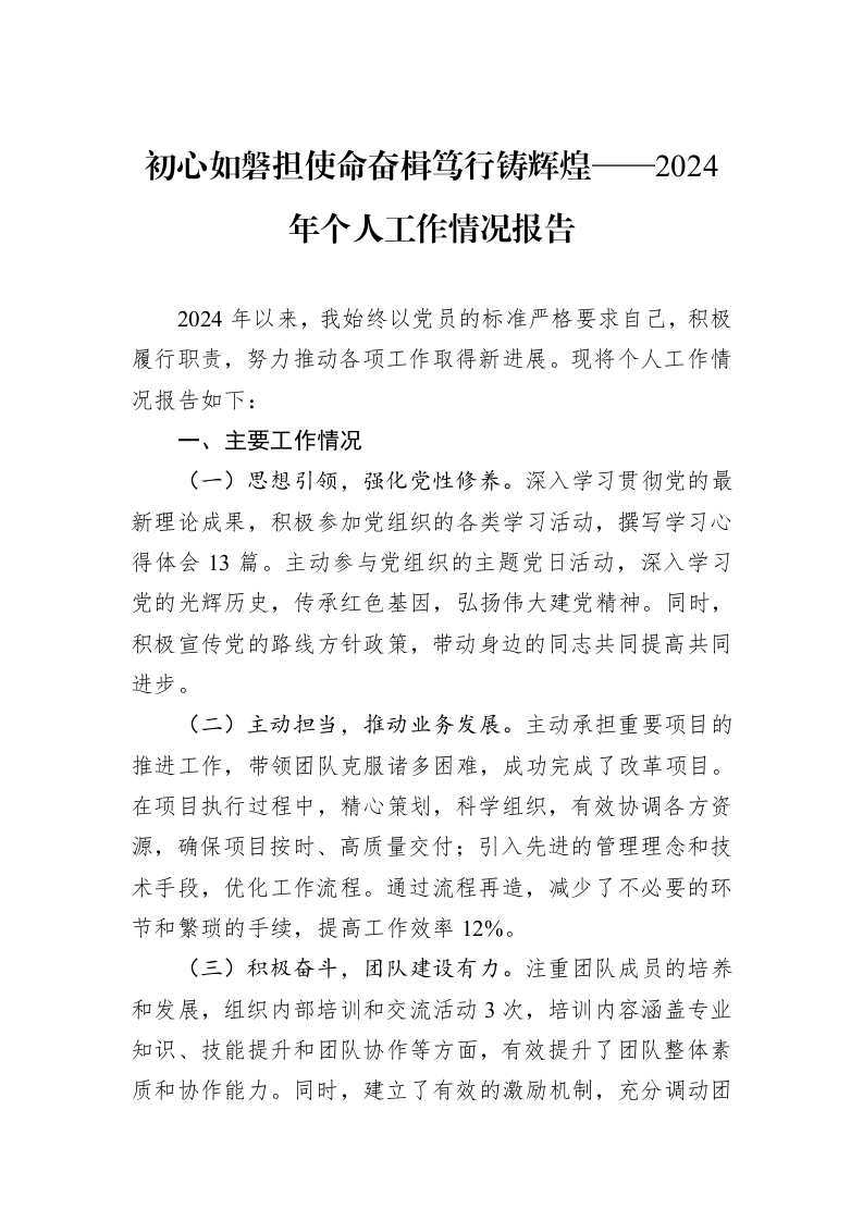 初心如磐担使命奋楫笃行铸辉煌——2024年个人工作情况报告_第1页