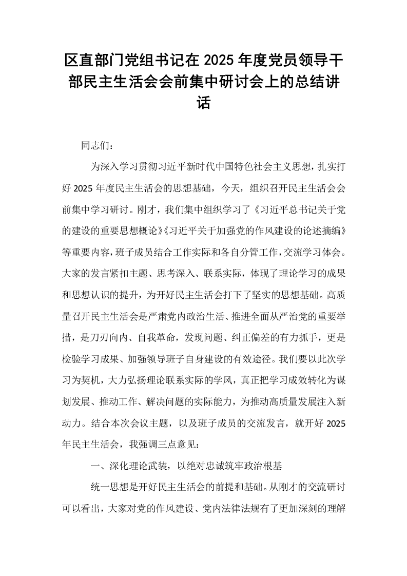 区直部门党组书记在2025年度党员领导干部民主生活会会前集中研讨会上的总结讲话_第1页