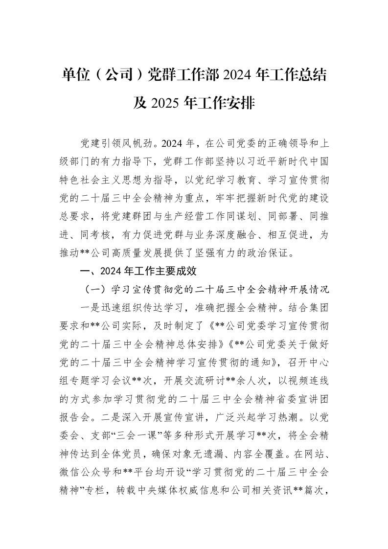 单位（公司）党群工作部2024年工作总结及2025年工作安排_第1页