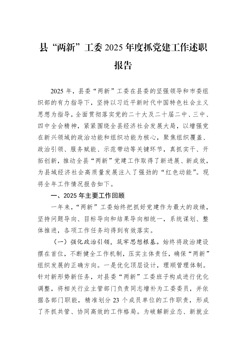 县“两新”工委2025年度抓党建工作述职报告_第1页