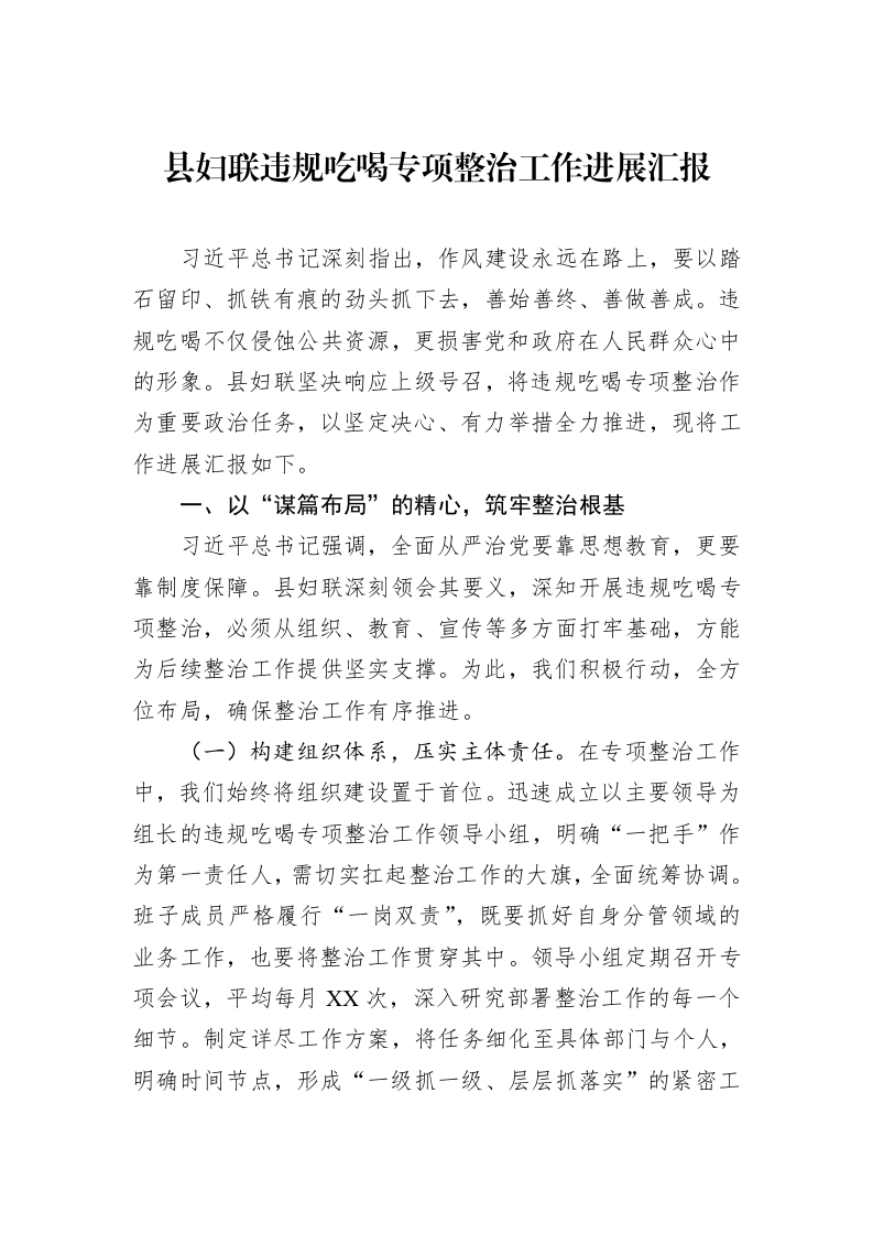 县妇联违规吃喝专项整治工作进展汇报_第1页