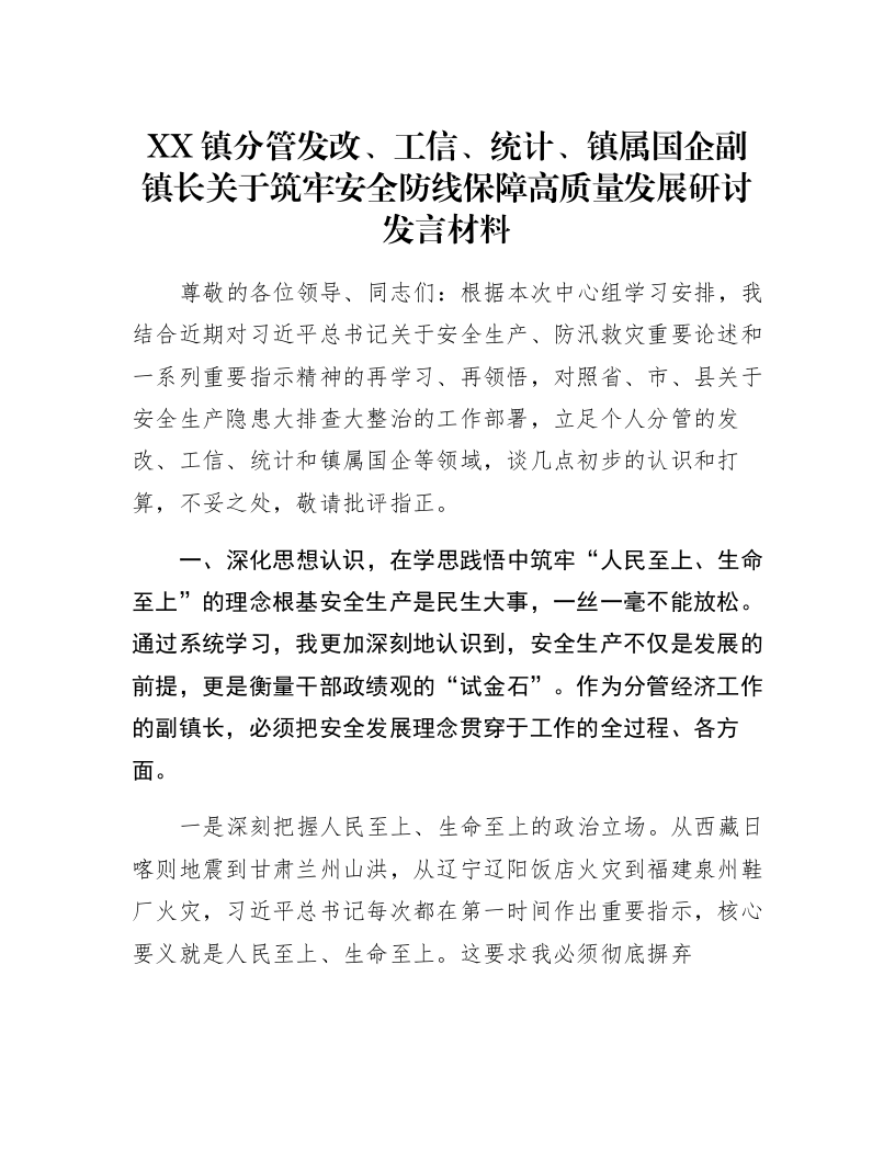 XX镇分管发改、工信、统计、镇属国企副镇长关于筑牢安全防线保障高质量发展研讨发言材料_第1页