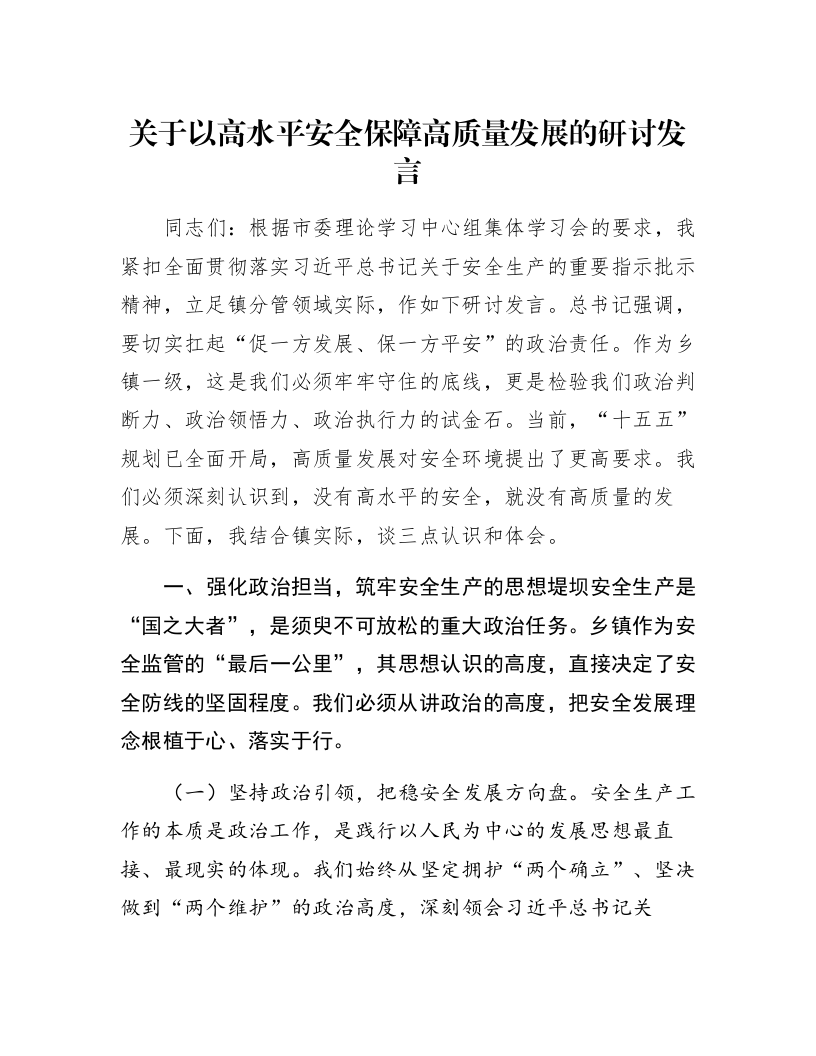 关于以高水平安全保障高质量发展的研讨发言_第1页