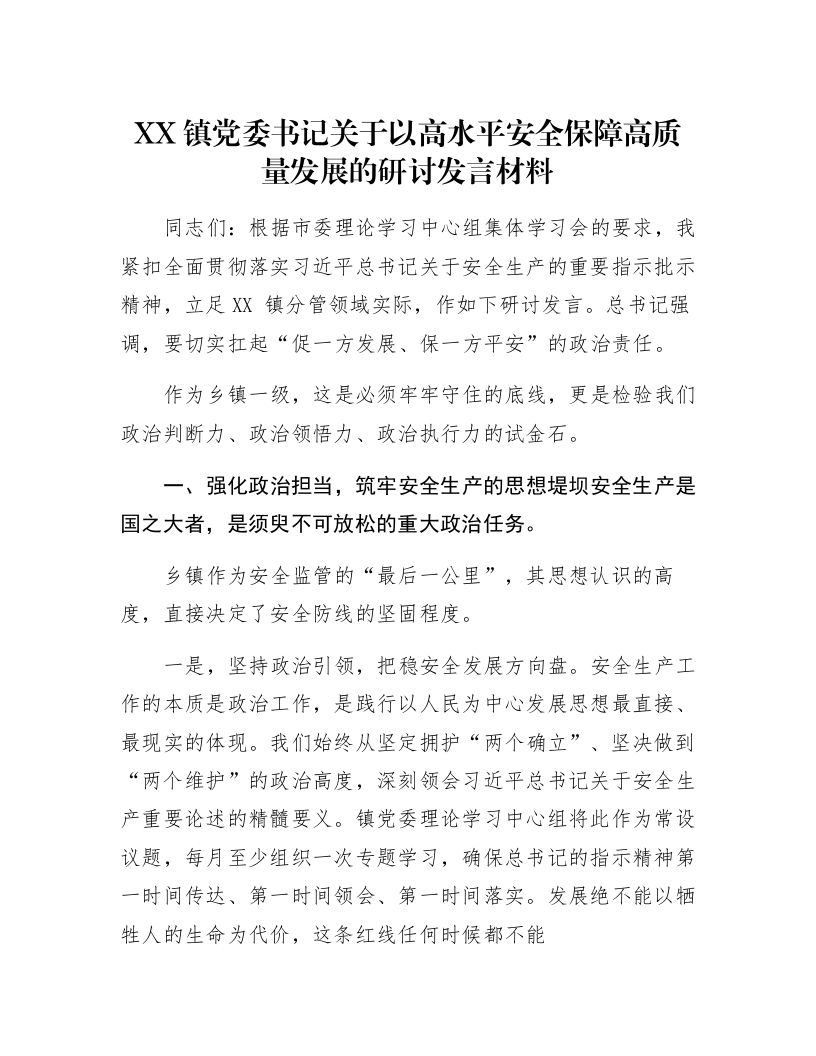 XX镇党委书记关于以高水平安全保障高质量发展的研讨发言材料_第1页