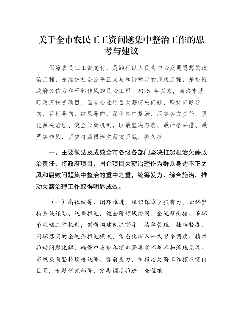 关于全市农民工工资问题集中整治工作的思考与建议_第1页