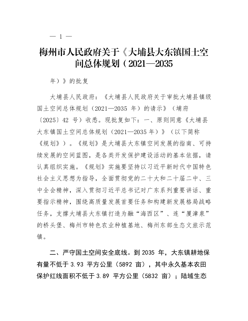 梅州市人民政府关于《大埔县大东镇国土空间总体规划（2021—2035年）》的批复_第1页