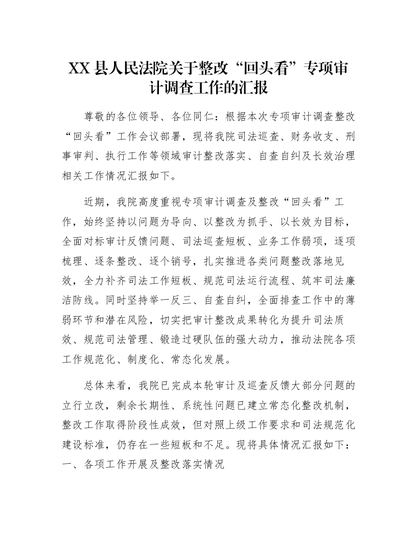 XX县人民法院关于整改“回头看”专项审计调查工作的汇报-2_第1页