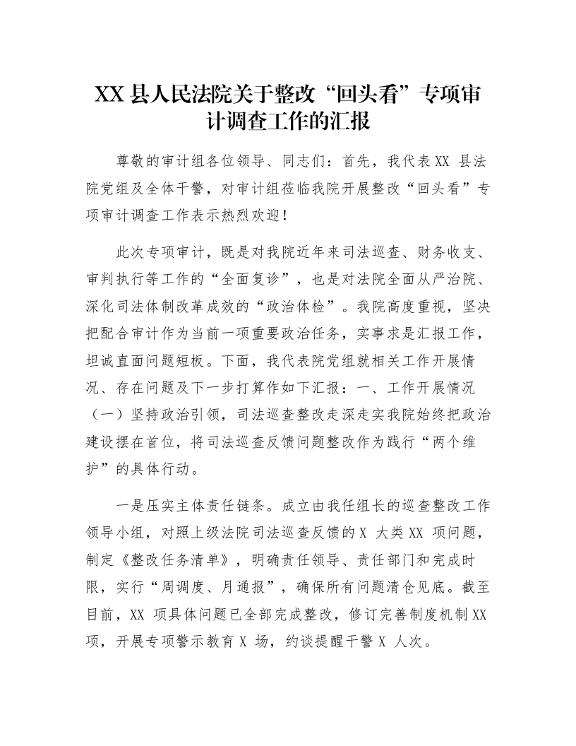 XX县人民法院关于整改“回头看”专项审计调查工作的汇报_第1页