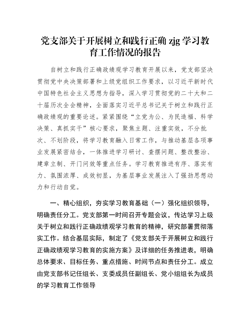 党支部关于开展树立和践行正确zjg学习教育工作情况的报告_第1页