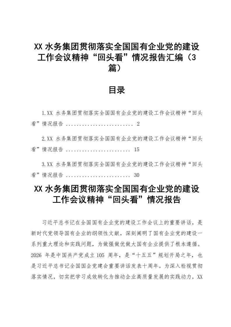 【03篇】XX水务集团贯彻落实全国国有企业党的建设工作会议精神“回头看”情况报告汇编_第1页