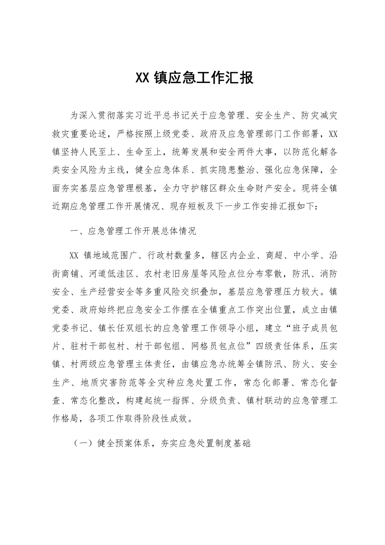 XX镇应急工作汇报_第1页