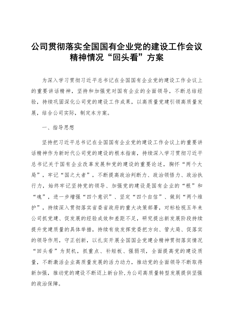 公司贯彻落实全国国有企业党的建设工作会议精神情况“回头看”方案_第1页
