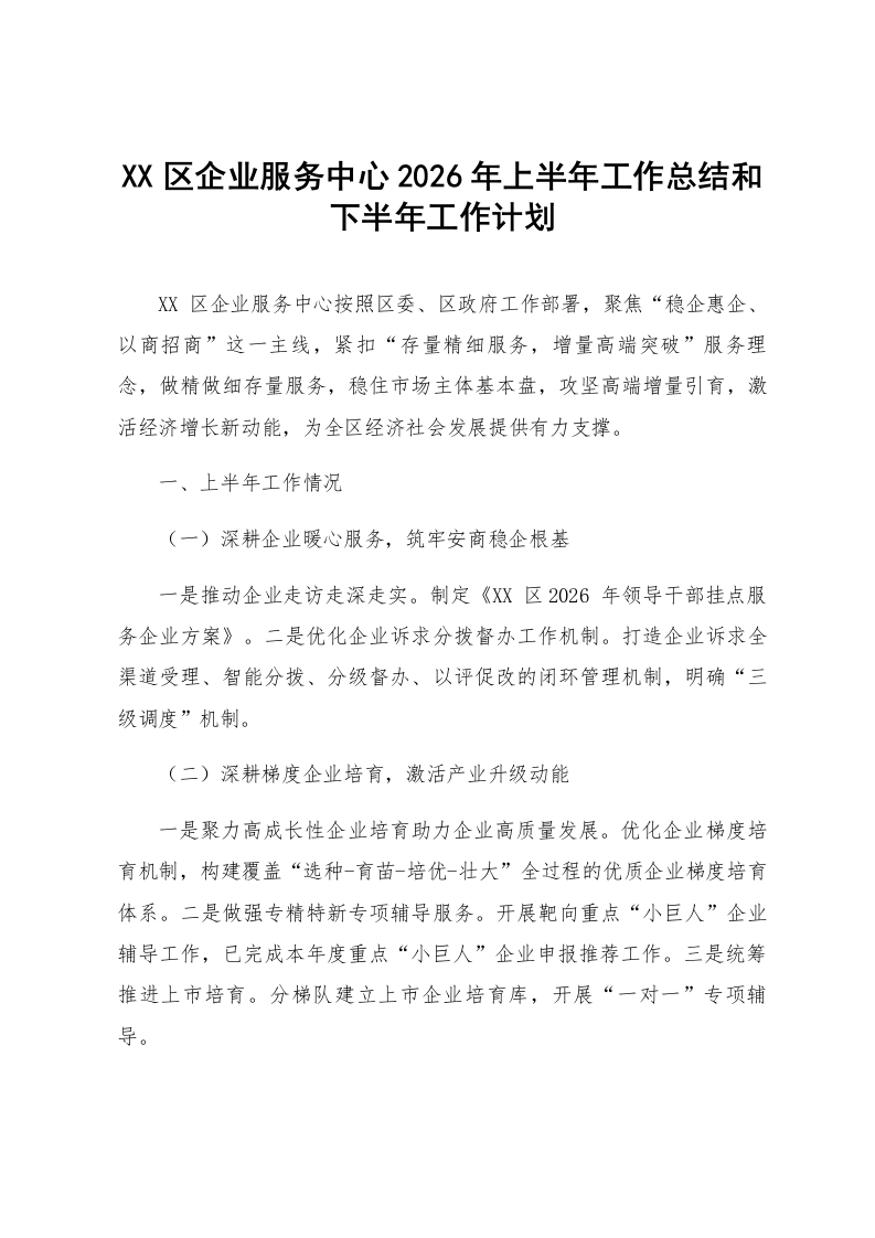XX区企业服务中心2026年上半年工作总结和下半年工作计划_第1页