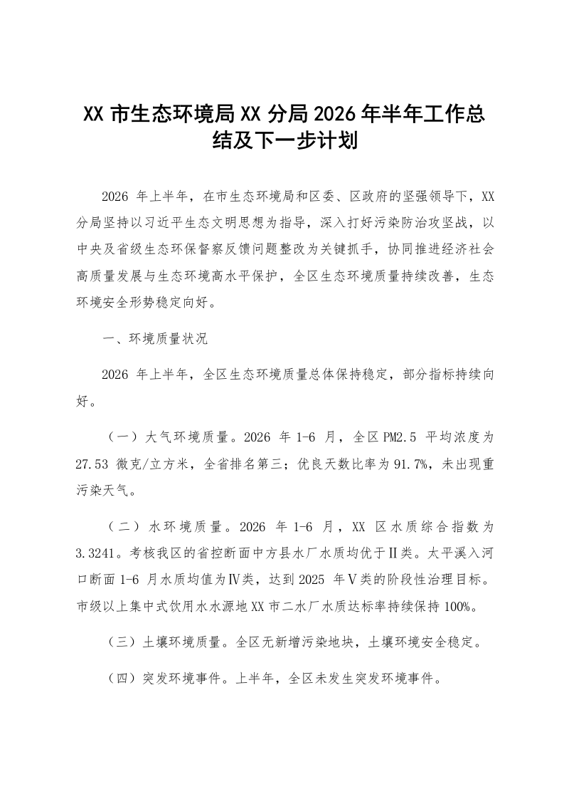 XX市生态环境局XX分局2026年半年工作总结及下一步计划_第1页
