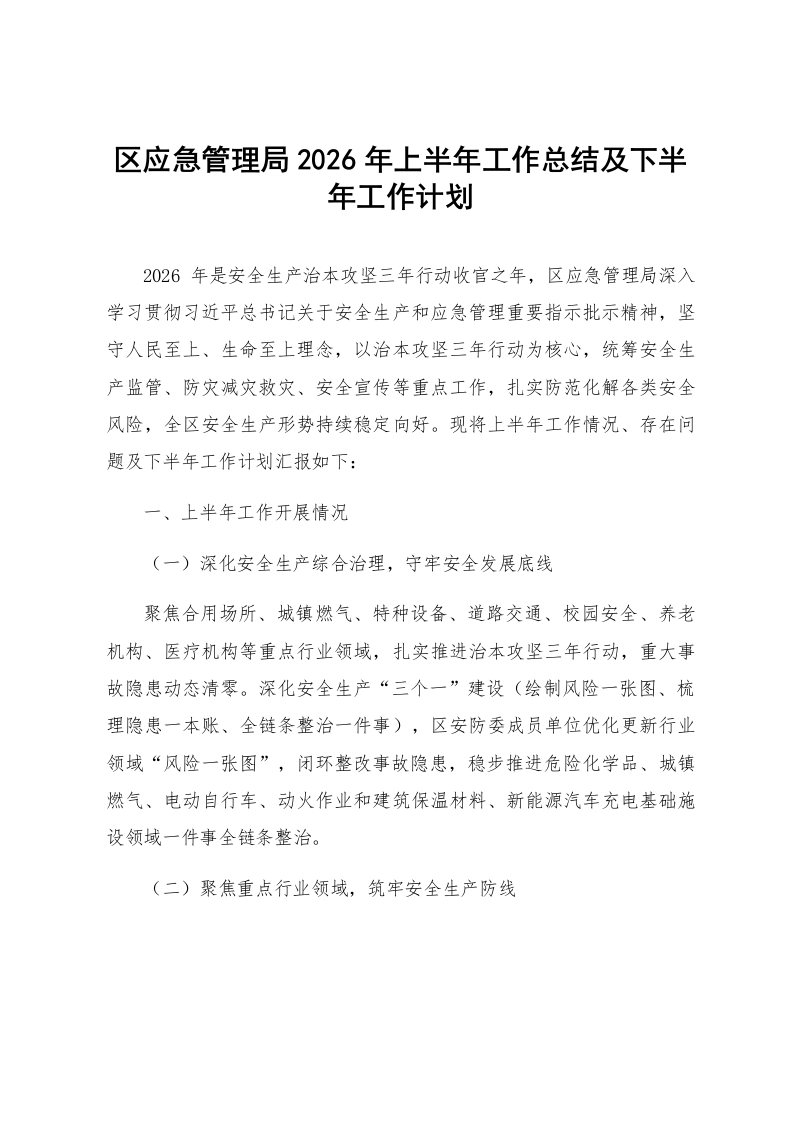 区应急管理局2026年上半年工作总结及下半年工作计划_第1页