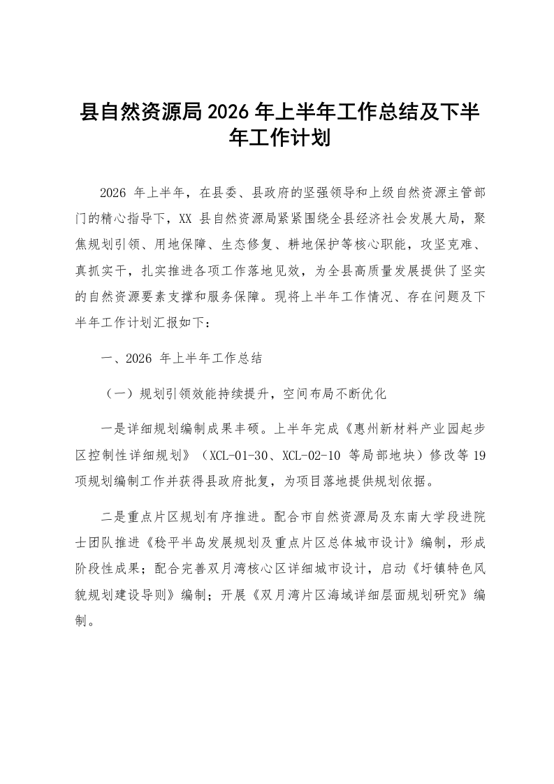 县自然资源局2026年上半年工作总结及下半年工作计划_第1页