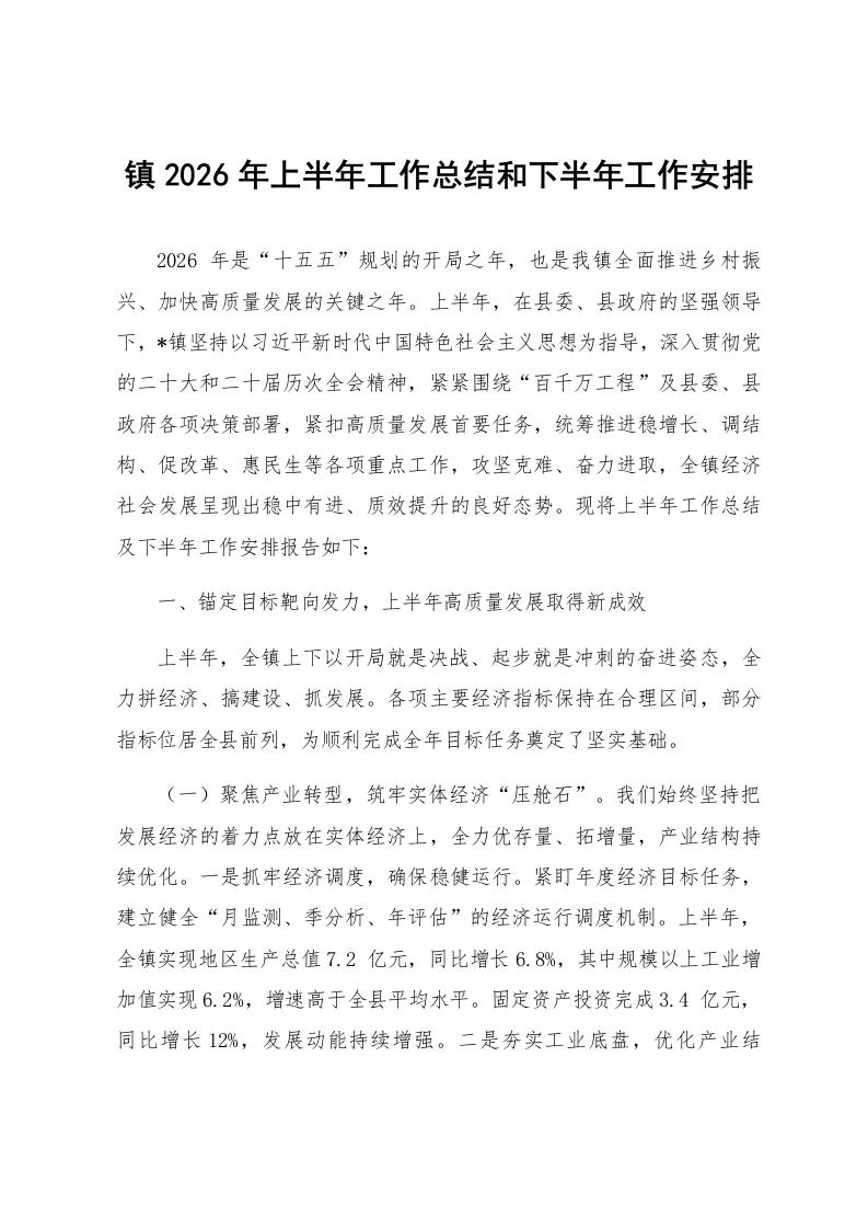 镇2026年上半年工作总结和下半年工作安排_第1页