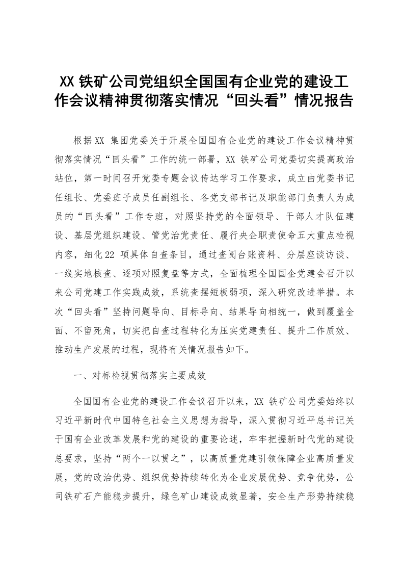 XX铁矿公司党组织全国国有企业党的建设工作会议精神贯彻落实情况“回头看”情况报告_第1页