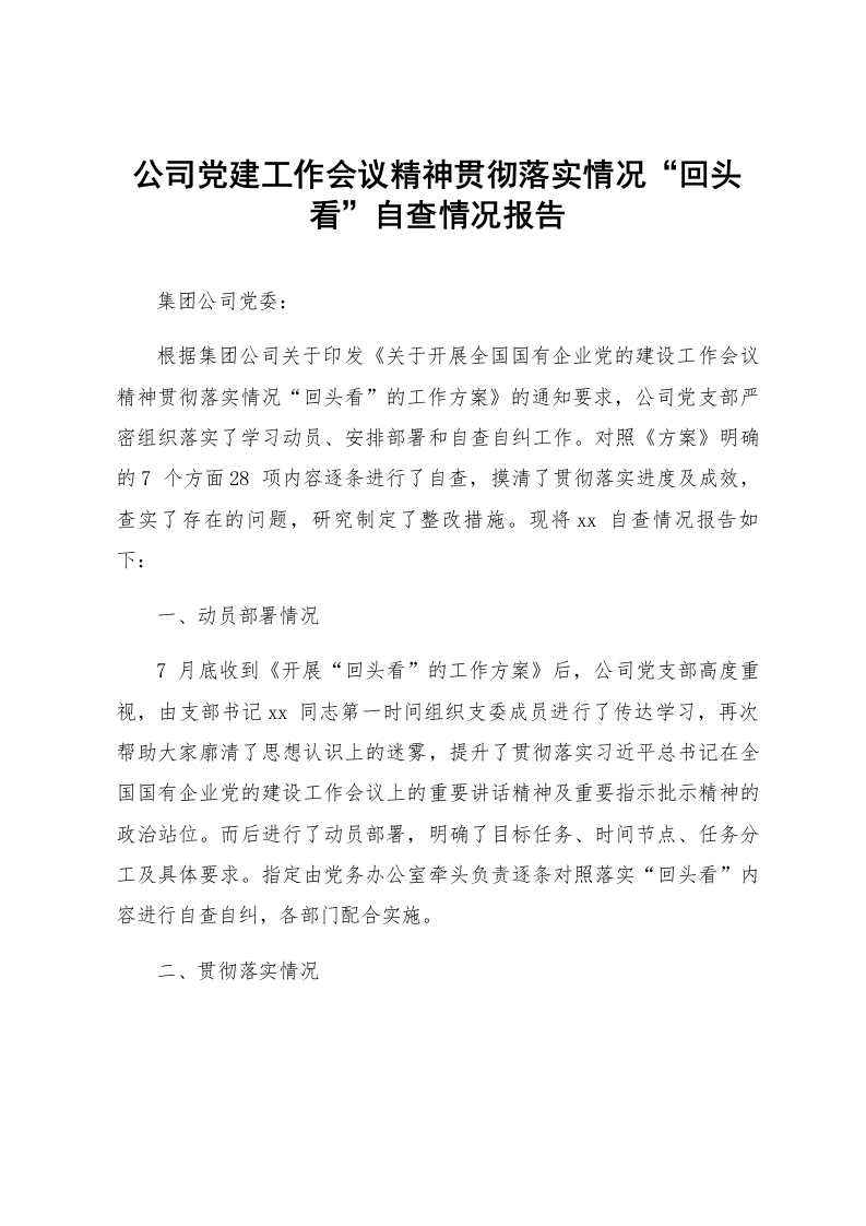 公司党建工作会议精神贯彻落实情况“回头看”自查情况报告_第1页
