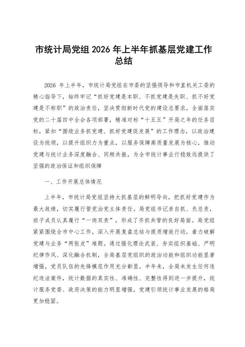 市统计局党组2026年上半年抓基层党建工作总结_第1页