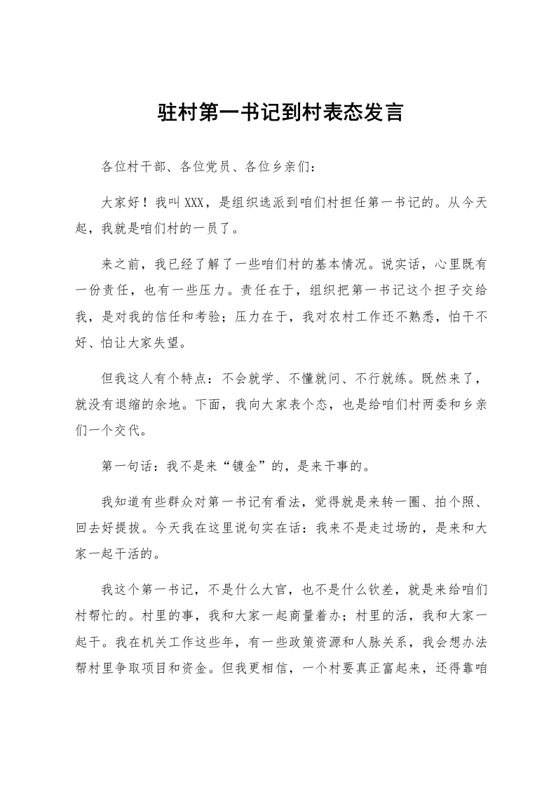 驻村第一书记到村表态发言_第1页