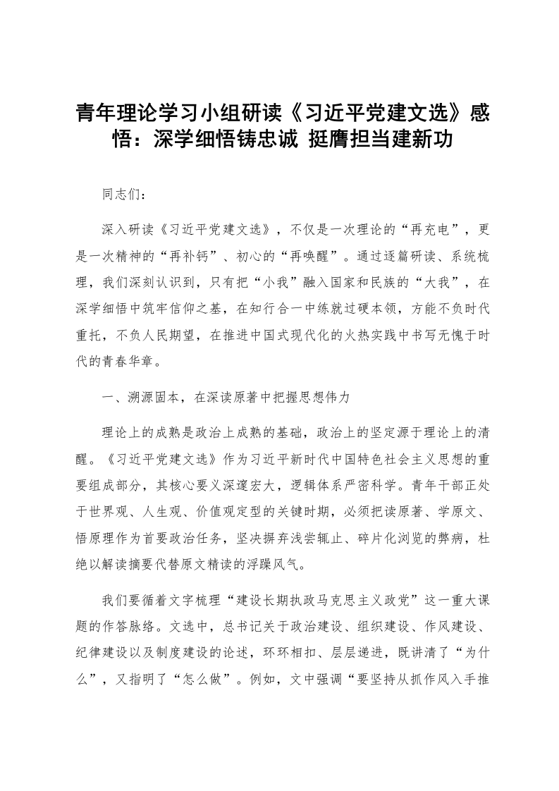 青年理论学习小组研读《习近平党建文选》感悟：深学细悟铸忠诚 挺膺担当建新功_第1页