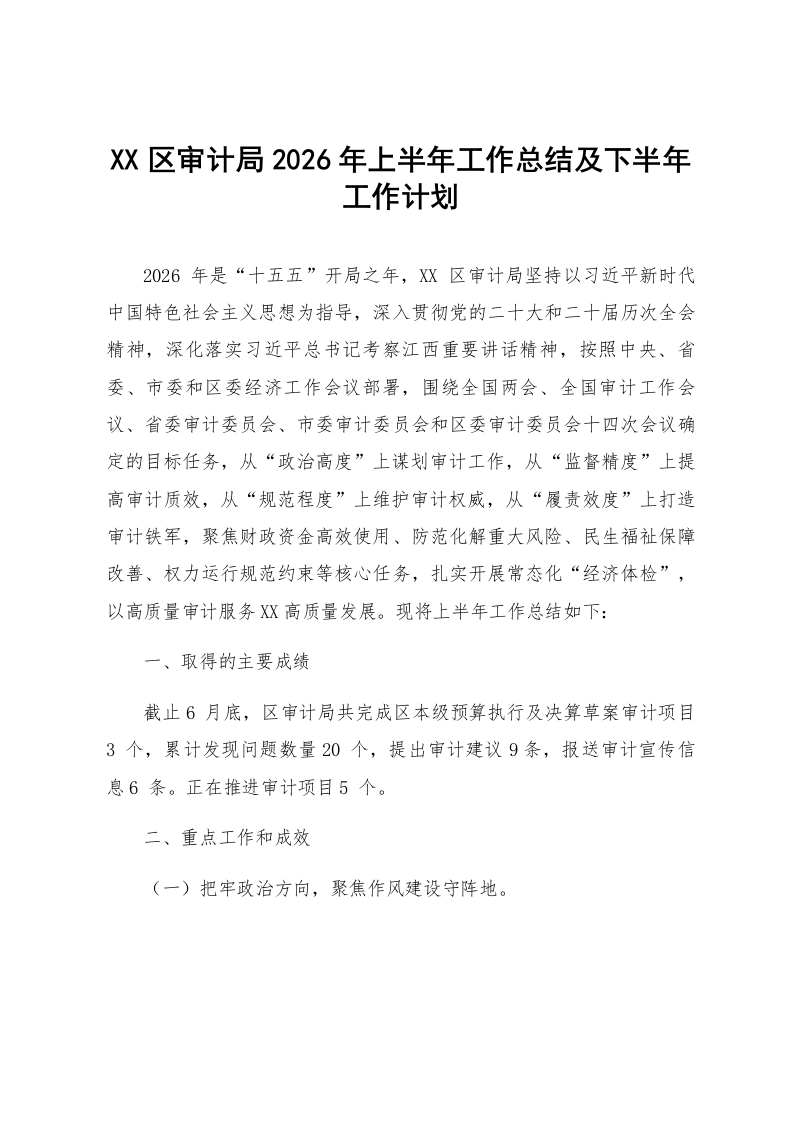 XX区审计局2026年上半年工作总结及下半年工作计划_第1页