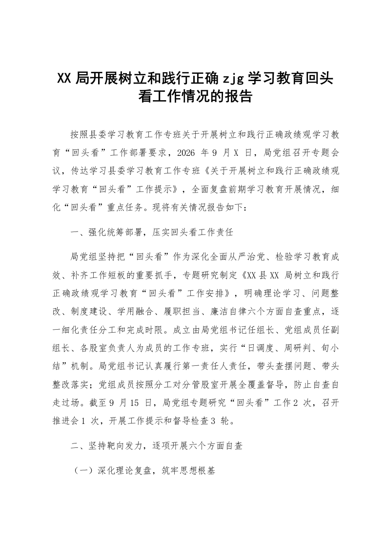 XX局开展树立和践行正确zjg学习教育回头看工作情况的报告_第1页