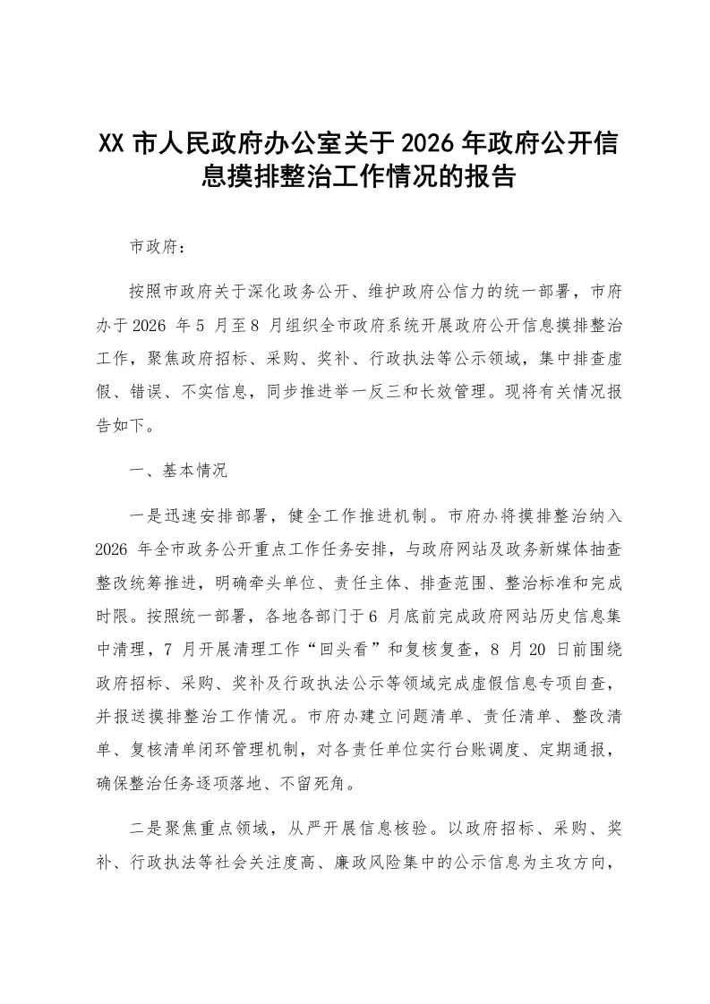 XX市人民政府办公室关于2026年政府公开信息摸排整治工作情况的报告_第1页