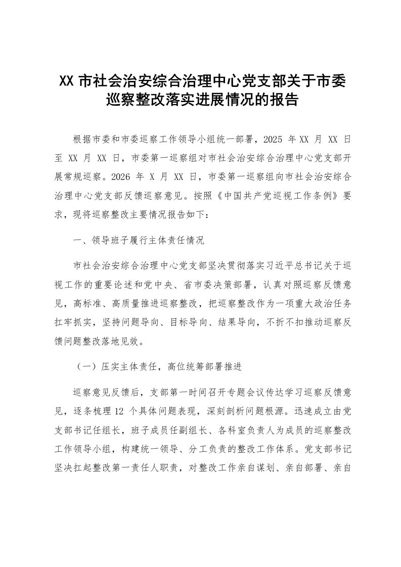 XX市社会治安综合治理中心党支部关于市委巡察整改落实进展情况的报告_第1页