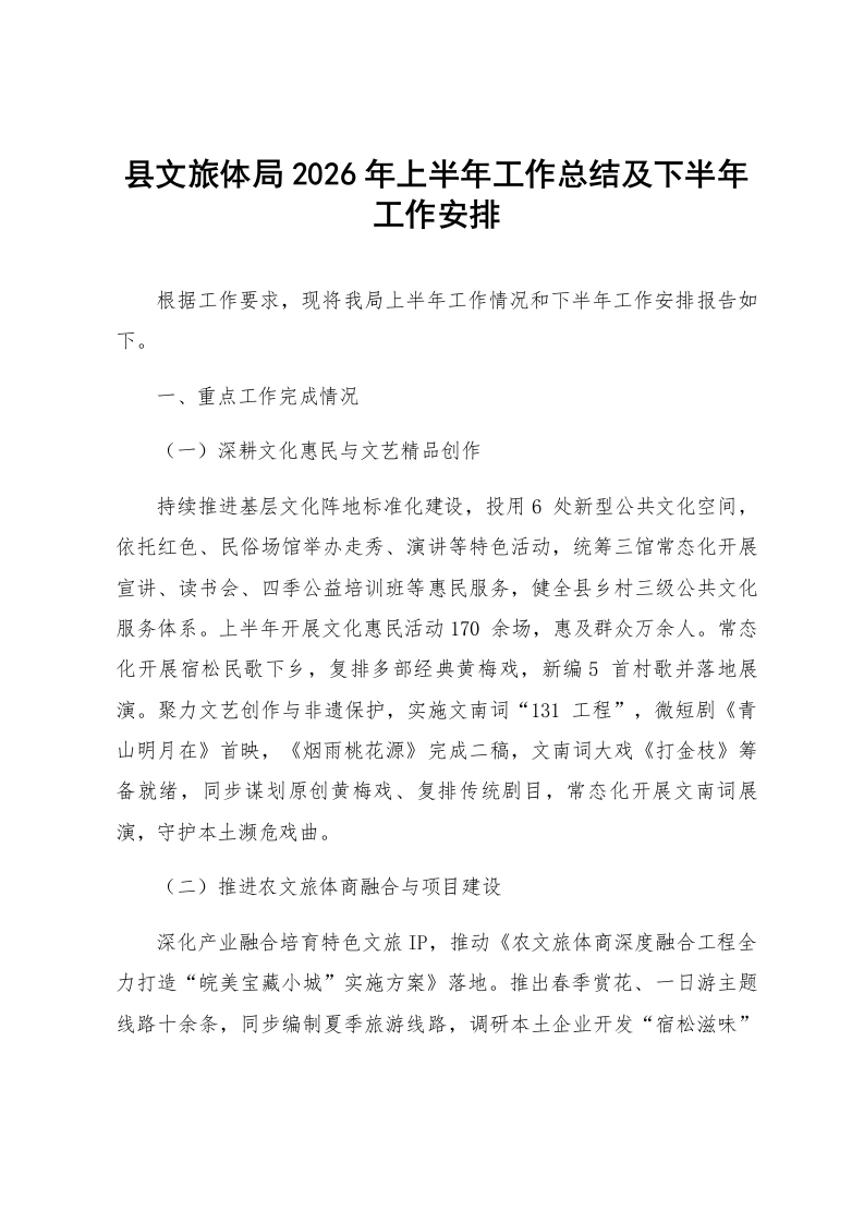 县文旅体局2026年上半年工作总结及下半年工作安排_第1页