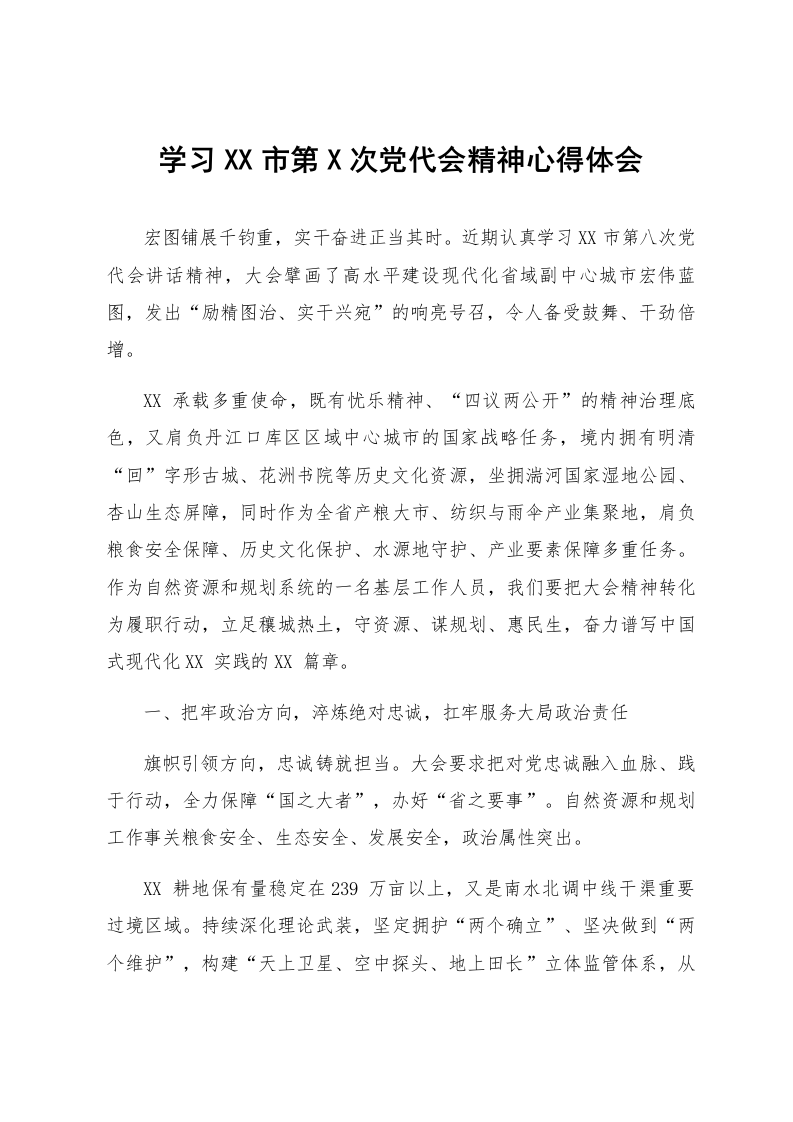 学习XX市第X次党代会精神心得体会_第1页